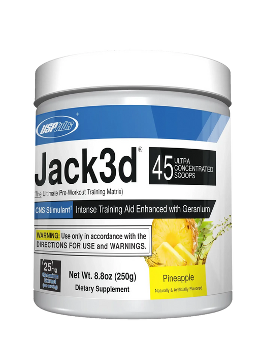 Pineapple flavored Jack3d pre-workout, 45 servings container