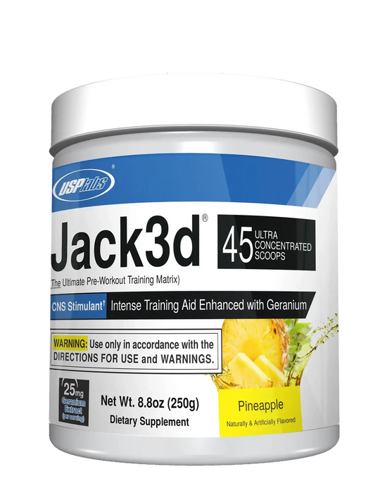 Pineapple flavored Jack3d pre-workout, 45 servings container
