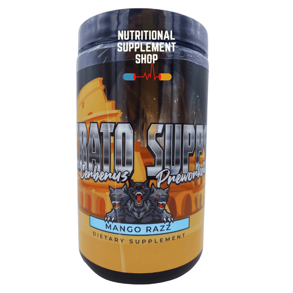 A container of Krato Supps Cerberus Pre Workout supplement with a label featuring a black and orange design and the text 'Mango Razz' flavor.