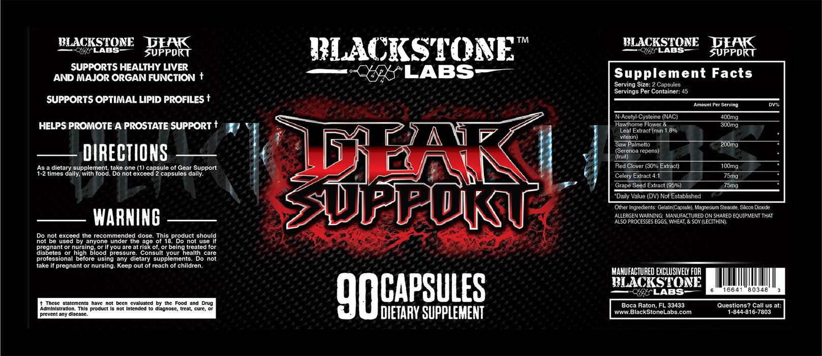 Full view of Blackstone Labs Gear Support Label.