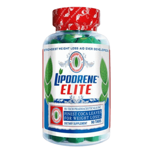 Lipodrene Elite dietary supplement bottle by Hi-Tech Pharmaceuticals, featuring the strongest weight loss aid with coca leaves for weight loss