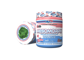 Mesomorph pre-workout supplement by APS Nutrition, featuring Rocket Pop flavor with benefits for unleashing genetic potential, energy boost, and advanced sports performance