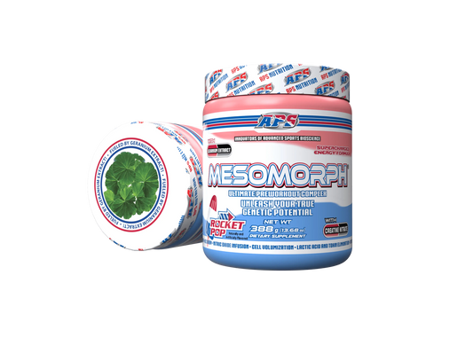 Mesomorph pre-workout supplement by APS Nutrition, featuring Rocket Pop flavor with benefits for unleashing genetic potential, energy boost, and advanced sports performance