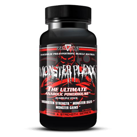 Monster Plexx dietary supplement bottle by Innovative Laboratories, labeled as the ultimate anabolic powerhouse with benefits for strength, size, and gains