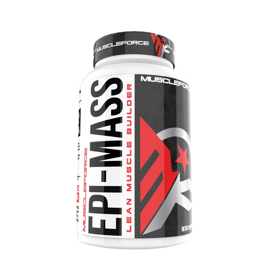 Black, white, and red bottle Muscle Force: EPI-Mass.