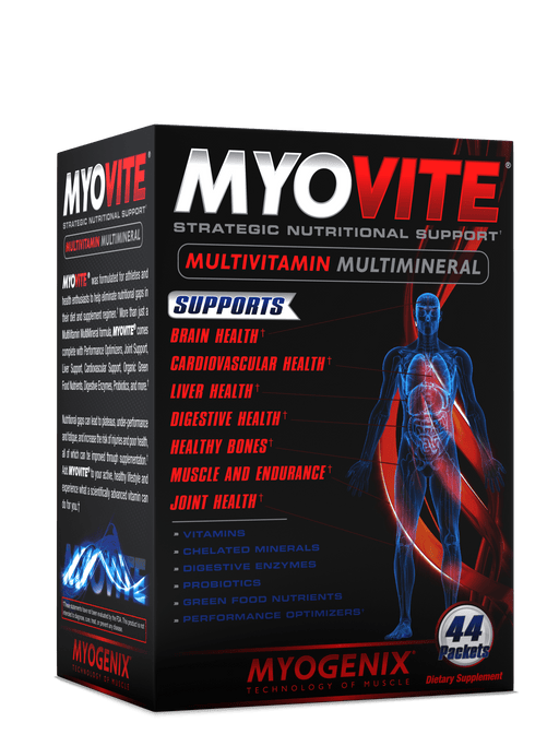 Myogenix Myovite multivitamin and multimineral supplement box, highlighting support for brain health, cardiovascular health, liver health, and muscle endurance with 44 packets.