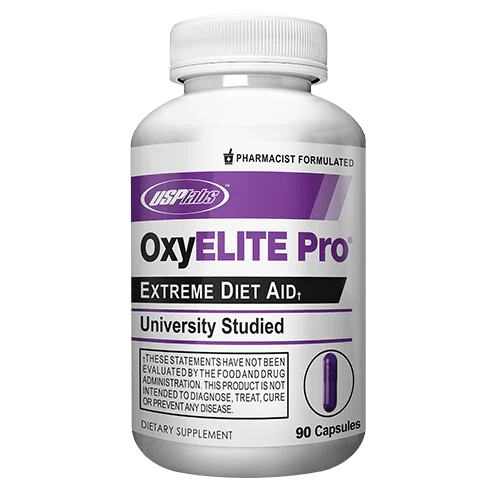 A bottle of USP Labs Oxyelite Pro Extreme Diet Aid, containing 90 capsules, with a purple label.