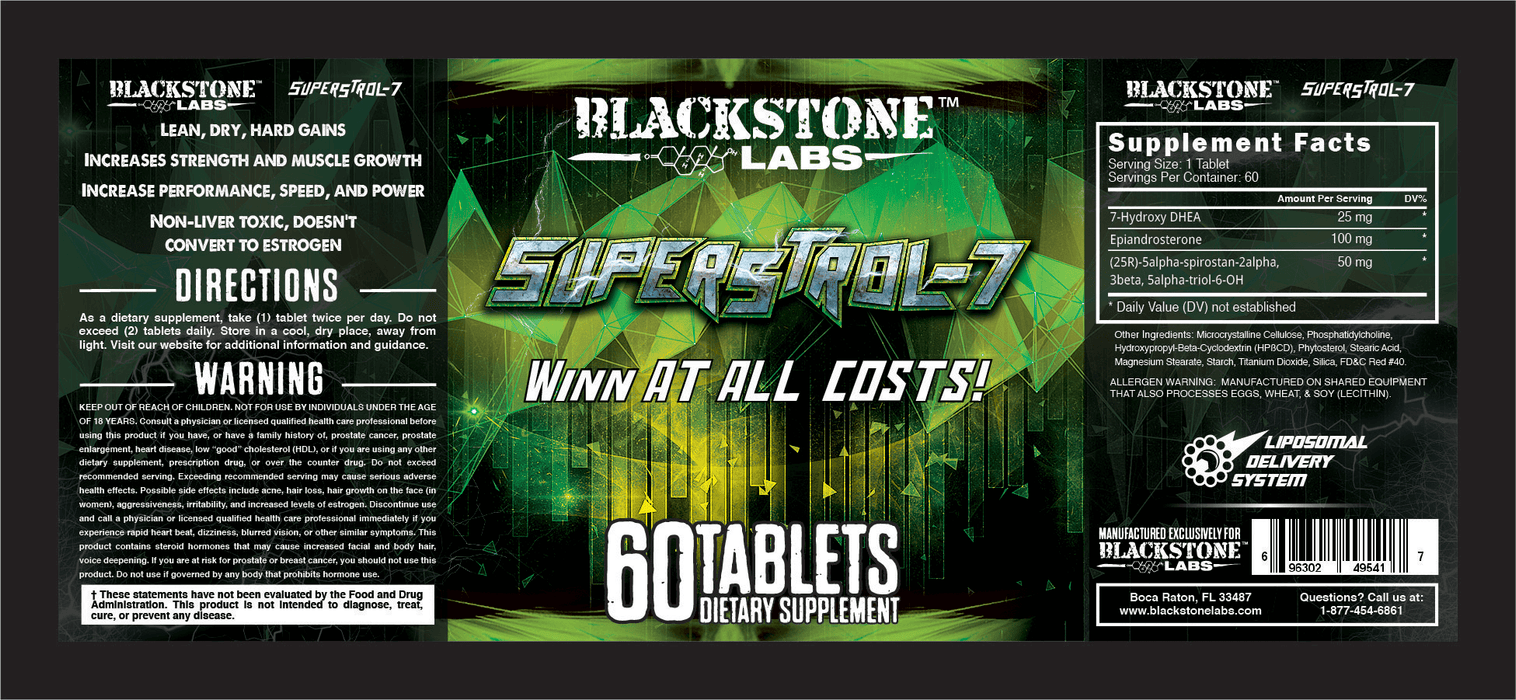 Full view of Superstrol 7: The Best Supplement to Help You Reach Your Fitness Goals label. 