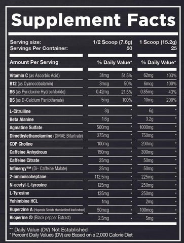 Supplement facts label for Swole AF El Chapo Pre-Workout, detailing ingredients like L-Citrulline, Beta Alanine, Caffeine Anhydrous, and Infinergy with two serving size options.