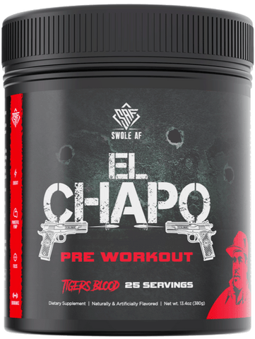 Swole AF El Chapo Pre-Workout supplement in a black container with a red and white design, featuring Tigers Blood flavor with 25 servings.