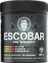 Escobar pre workout black jug with white and black label
