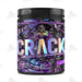 A container of Dark Labs Crack pre-workout supplement with a colorful, intricate design featuring skulls, lightning bolts, and a gorilla's face.