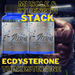 One bottle of turkesterone overlaying one bottle of ecdysterone with a bodybuilder in the background and a text overlay saying: "muscle & strength stack" and "ecdysterone turkesteron"