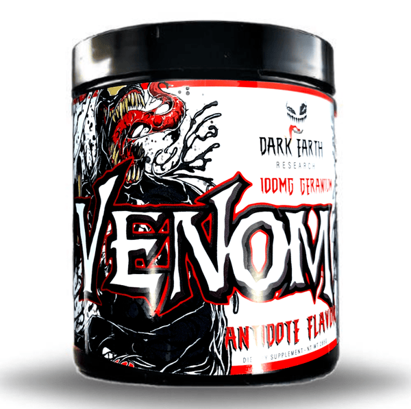 Black jar with white and red label. Venom Dark Earth Research pre workout.