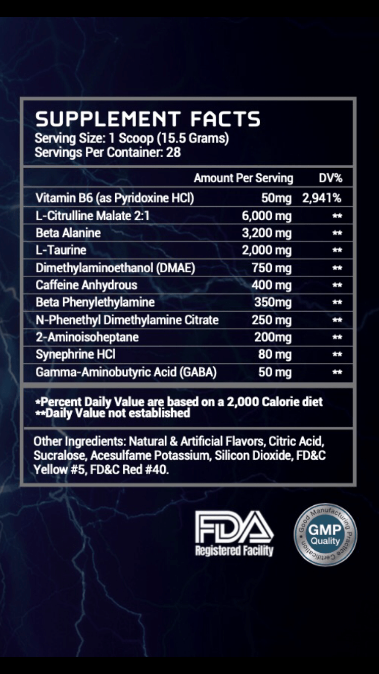 A close-up of the supplement facts panel for God Status Labz Zeus Pre-Workout. The label lists key ingredients, serving size, and other product details, though some text appears small and may not be fully legible in the image.