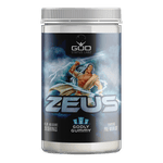 A container of God Status Labz Zeus Pre-Workout featuring a muscular, god-like figure wielding lightning against a stormy background. The label prominently displays "Zeus" in bold metallic font, with "Godly Gummy" as the flavor. The product is marketed as a "Hardcore Pre-Workout" with 28 servings and a net weight of 406 grams.