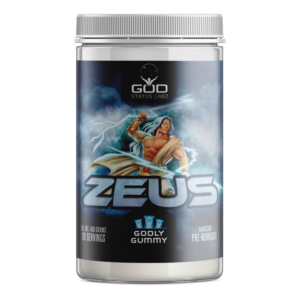 A container of God Status Labz Zeus Pre-Workout featuring a muscular, god-like figure wielding lightning against a stormy background. The label prominently displays "Zeus" in bold metallic font, with "Godly Gummy" as the flavor. The product is marketed as a "Hardcore Pre-Workout" with 28 servings and a net weight of 406 grams.