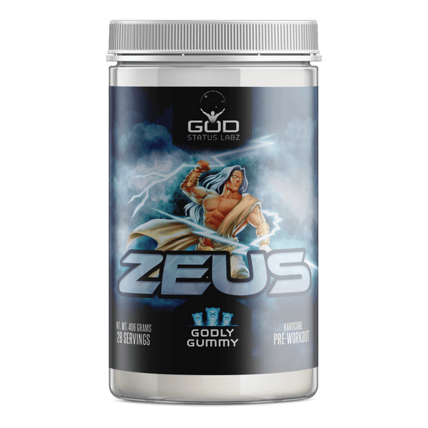 A container of God Status Labz Zeus Pre-Workout featuring a muscular, god-like figure wielding lightning against a stormy background. The label prominently displays "Zeus" in bold metallic font, with "Godly Gummy" as the flavor. The product is marketed as a "Hardcore Pre-Workout" with 28 servings and a net weight of 406 grams.
